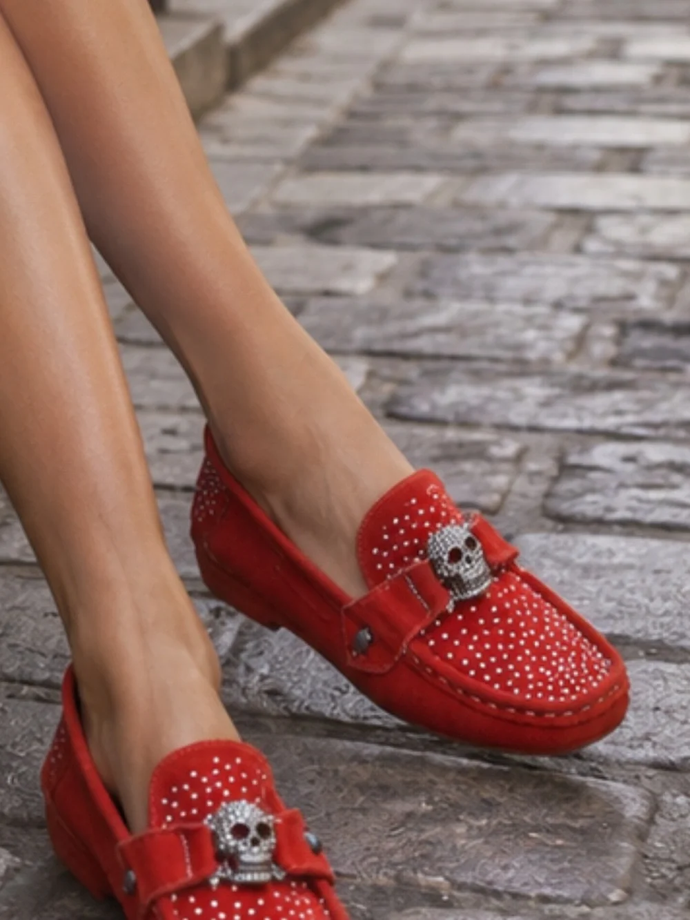 Philipp Plein Orange Suede Crystal Skull Moccassin